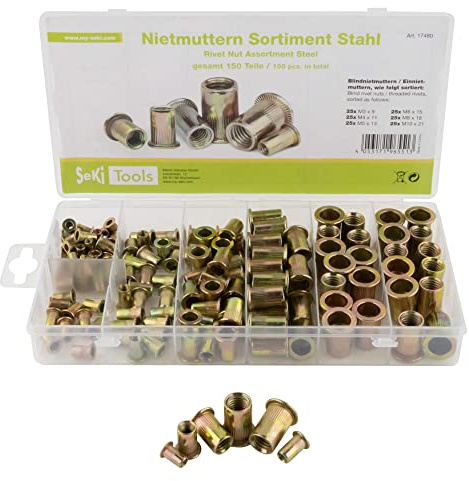 SeKi Nietmuttern-Sortiment Blindnietmuttern Satz, 150 teilig, verzinkter Stahl; M3 M4 M5 M6 M8 M10 in praktischer, wiederverwendbarer Universalbox