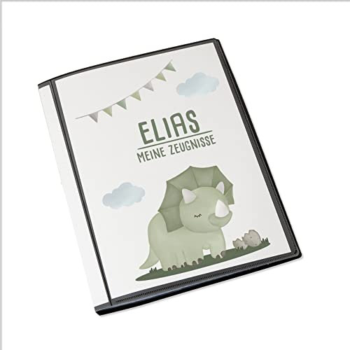Personalisierte Zeugnismappe Kinder - Personalisiertes Geschenk zur Einschulung - inkl. 20 Klarsichthüllen DIN A4 - Zeugnismappe Mädchen - Zeugnismappe Junge - hellomini (Grüner Dino)