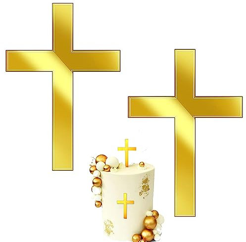 LWAIX Kreuz für Tortendeko Cake Topper Kreuz Gold Tauf Torte Deko Acryl Kuchen Dekoration Taufe 10 x 7cm für Hochzeit Geburtstag Party Kommunion (2STK)
