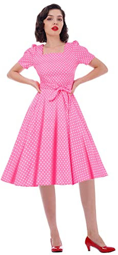 IWEMEK Robe Années 50 60 Femme Vintage à Pois Pin Up Robe Swing Rockabilly Audrey Hepburn 1950 Retro Col carré Manches Courtes Trapèze Robe de Patineur Cocktail Mariage Ceremonie Rose S