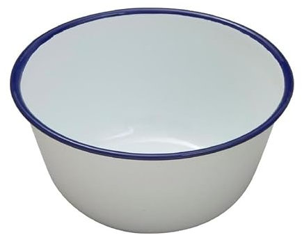 DTD QUALITY MATTERS Traditional Enamel Dinnerware Set – White with Blue Trim | Premium Pasta Plates, Soup Bowls, Mixing & Pudding Bowls – Vintage Style Crockery