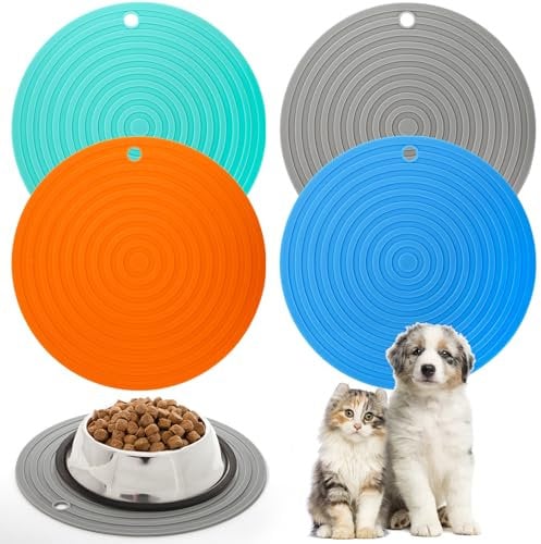 Hacaroa 4 Pack Silicone Pet Feeding Mat, Non-Slip Dog Food Mat Water Bowl Mat Tray, Waterproof Cat Dish Placemat for Small and Medium Pets, Potect Floors, Dishwasher Safe, 4 Colors, Round(24 x 24 cm)