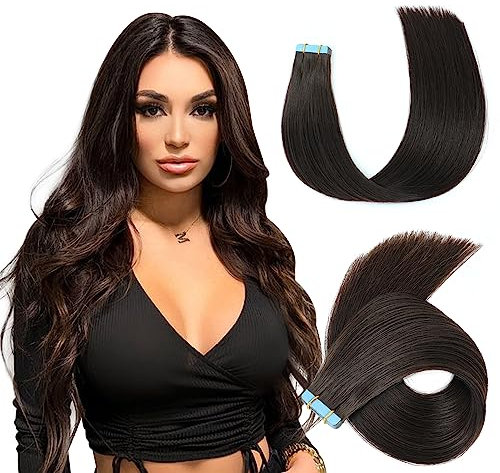 Evala tape extensions echthaar haarverlängerung echthaar 45cm #2 Dunkelbraun tape in extensions echthaar 20 Stück, bonding extensions echthaar 50g tape in extensions echthaar
