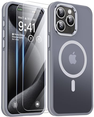 AOUIA iPhone 15 Pro Max Case with 2 Screen Protectors, Military Grade Drop Protection, Translucent Matte Case (Grey)