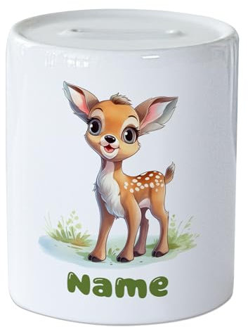 GRAZDesign Spardose REH Rehkitz mit Namen personalisiert, Sparbüchse für Mädchen und Jungen, Geldgeschenk mit Öffnung, aus Keramik