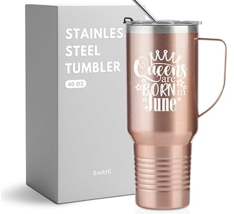 Onebttl Lustiges Geburtstagsgeschenk für Frauen, sie, Geburtstags-Königin, 1,2 l, Becher mit Griff, Roségold, Queens are Born in Juni