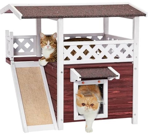 Petsfit Cat House Outdoor, Outdoor Cat House, with Scratch Board, 2 Story Design with Escape Door Perfect for Multi Cats, Outside Cat House Red