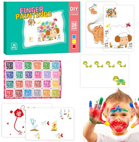 Yiyifor Stempelkissen Set, 24 Farben Stempelkissen Fingerabdrücke Ungiftig Abwaschbar Stamp Pad,Kinder Farbe Stempelkissen mit 30 Bildkarten,für Papier Handwerk Stoff Malerei DIY Geburtstag Geschenk