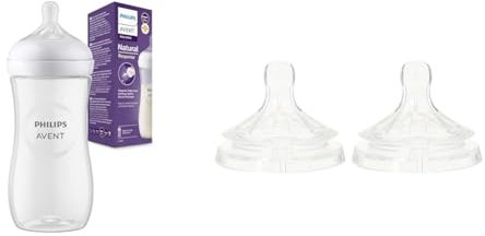 Philips Avent Biberon à Réponse Naturelle de 330 ml, sans BPA pour les bébés de 3 mois & Avent Lot de 2 tétines pour biberons Natural avec 4 trous pour les bébés de 6 mois et + (Modèle SCF044/27)