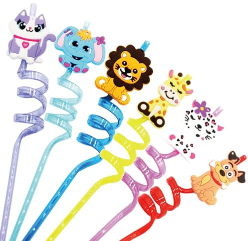 Granvoo 6 Pièces Pailles en Plastique, Animaux Enfant, Réutilisable, à Boire, Spirales, Bouclé pour Décoration, Fournitures de Fête, Anniversaire