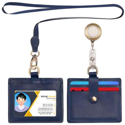 Wonderpool Porta Badge Orizzontale in pelle con cordino staccabile e clip retrattile, porta carte d'identità Porta carte d'identità per badge identificativi e patente di guida (Blu)