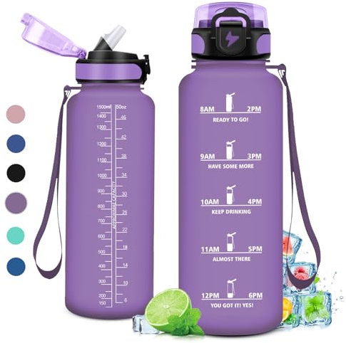 Gourde 1.5L, Gourde Sport avec Paille, Gourde Gym, Étanche & Réutilisable, Bouteille d'eau avec Marqueur de Temps, Gourde Graduée pour 1 Journee, sans BPA, Adulte, l'école, Voyage, Camping, Randonnée