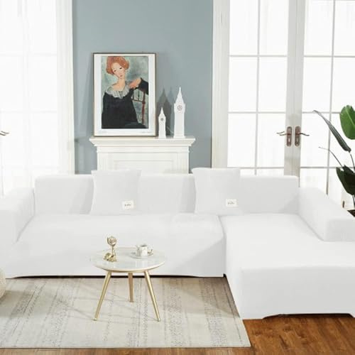 OKJK Samt Sofabezug l Form Stretch All-Inclusive Sofa überzug Eckcouch, Wohnzimmer Vier Jahreszeiten universeller l Form Sofabezug, Pflegeleichter Sofaschutz (Milky White,Part A-A 140-185cm)