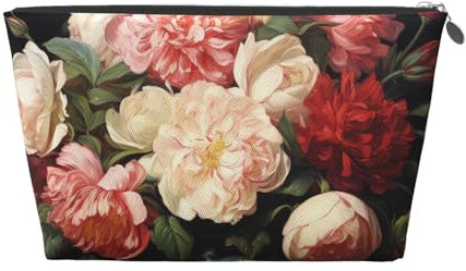 Cosmetic Bag Travel Makeup Bag for Women Large Make Up Bowl with Peonies and Rose Organizer Toiletry Bags Zipper Pouch Purse