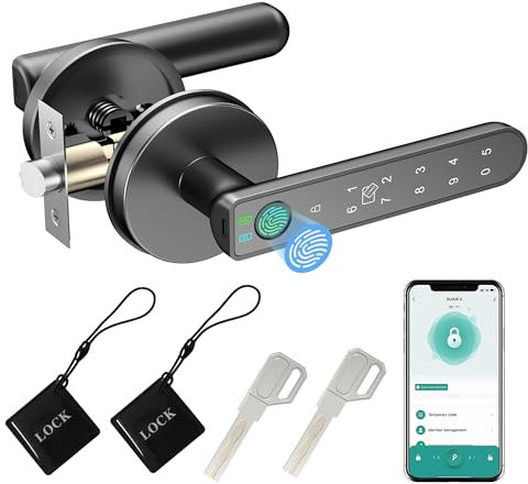 Fingerprint Door Lock, 5 in 1 Smart Door Knob with Smart APP/Fingerprint/IC Cards/Password/Backup Keys, Fingerprint Door Knob with Keypad for Bedroom, Office, Apartment, Black