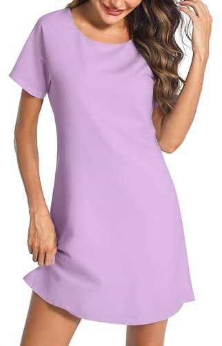 Weardear Chemise De Nuit Femme Manches Courtes Casual Chemise De Nuit Courte Eté Col Rond Robe de Nuit Robe de Maison Uni, Lila, XXL