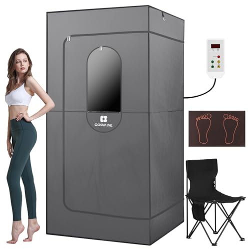 COSVALVE Portable Infrared Sauna for Home, Dry Sauna with 4 Heating Panels and Heated Foot Pad, 1 Person Infrared Sauna Tent Full Size, Remote Control, Indoor Home Spa, 35.4 x 35.4 x 71, Grey
