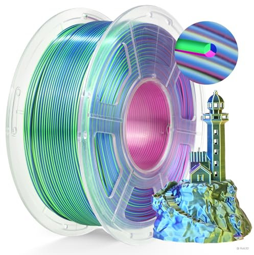 TECBEARS Silk PLA Filament, Tri Color PLA Silk Filament 1.75mm 1 kg/Spule, 360° Farbwechsel 3D Drucker Filament, Maßgenauigkeit +/-0.02mm, Seidentexturen Prächtige Farbe Blau+Grün+Lila