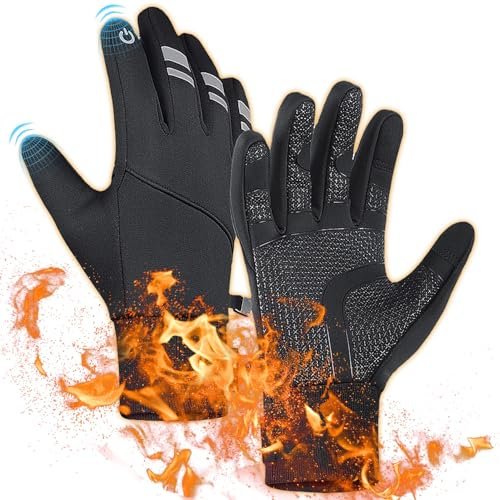 CUEMOON Winterhandschuhe für Herren, Thermohandschuhe, Motorradhandschuhe für Damen, Winter, Touchscreen, zum Laufen, Radfahren, Mountainbiken, Schwarz (S)