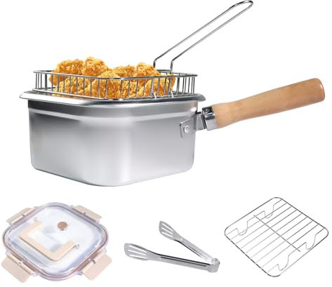 Deep Fat Fryer with Basket, Rack, Clear Lid and Food Tong, Stainless Steel Fryer Pot with Removable Wood Handle, Portable pan for Frying Chips Fish Shrimp Chicken and Fries