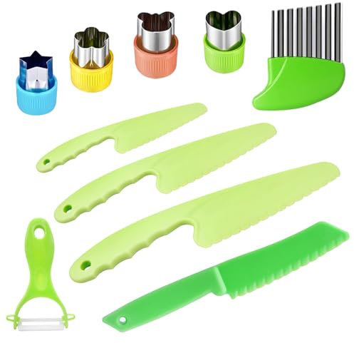 EOPUOZS Set Coltelli Bambini, 10 Pezzi Coltelli per Bambini con Taglierino, Sbucciatore e Stampo, Montessori Coltello Bambini per Tagliare Frutta o Verdura
