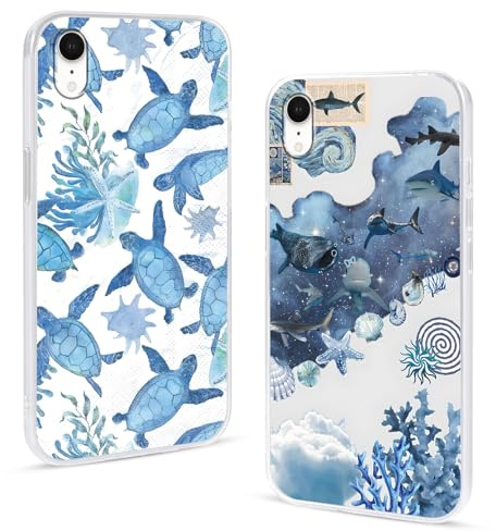 Phoona 2 packs Phone Case for iPhone XR 6,1'', Turtle Shark Print with Cute Aesthetic Design Pattern Clear Transparent Cover, Soft Shockproof Protective Bumper Slim Funda for Women Girls
