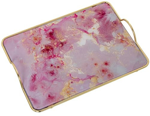 DRW Rechteckiges Tablett mit Metallgriffen und Glas mit Blumen in Rosa, 35 x 20 x 5 cm