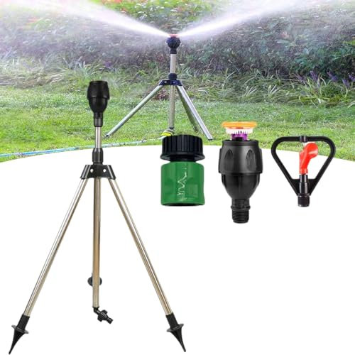 Rotating Tripod Sprinkler, 2025 New Tripod Sprinklers for Yard Large Area, 360 Degree Water Sprinkler for Lawn, with Two Different Nozzles and Connector