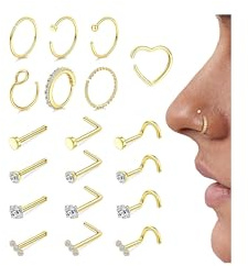Morfetto 19 Stück Nasenpiercing Gold Set für Damen Herren 316L Chirurgenstahl L-Förmig Screws Piercing Nase Stecker Nasenring Gold Dünn Nasenstecker Nostril Piercing Schmuck 20G