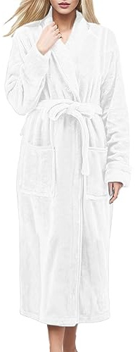Duohropke Bathrobe Women's Fluffy Warm Long House Coat Terry Cloth Fleece Bathrobe with Pockets Women Soft Lightweight Sauna Gown Kimono Robe Dressing Gown, 02 white, M