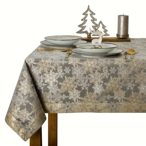 invitta Tischdecke Weihnachten 110x140 cm - Elegante graue weihnachtliche Tischdecke mit goldenen und silbernen Schneeflocken, sauber genäht mit Kuvertsaum, schmutzabweisend - O5 5555 1002