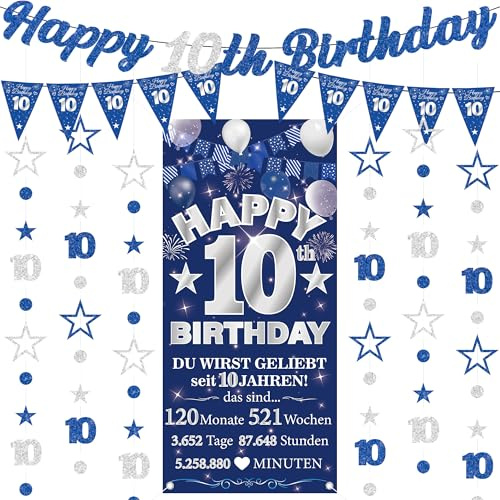 10 Geburtstag Junge Deko Girlande - 9 Stück Deko für 10 Jahre Jungen | Blau Glitzer Deko mit Banner Girlande Hängedeko für 10 Jahre Jungen Party