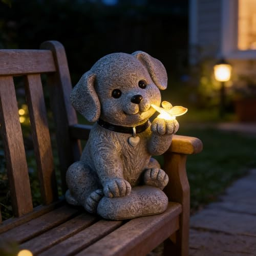 IXYHKB Deko Hund für Draußen, Solar Hund Garten Statue mit mit Schmetterling Solar Deko Hund Solar Gartendeko für Draußen, IP65 wasserdichte, Wetterfeste Hunde Statue für Garten Balkon Rasen Teiche