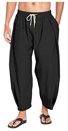 InfiniZer Herren-Haremshose aus Baumwoll-Leinen mit Kordelzug, lässige, Kurze Hose, leichte, lockere Strand-Yogahose mit Taschen