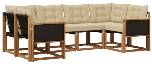 vidaXL Outdoor-Sofagarnitur mit Kissen 6 pcs Natur und Beige, Sofaset für den Garten, Moderne Kollektion, wetterfest, Bequeme Akazienholz-Sitze, entspannendes Arrangement