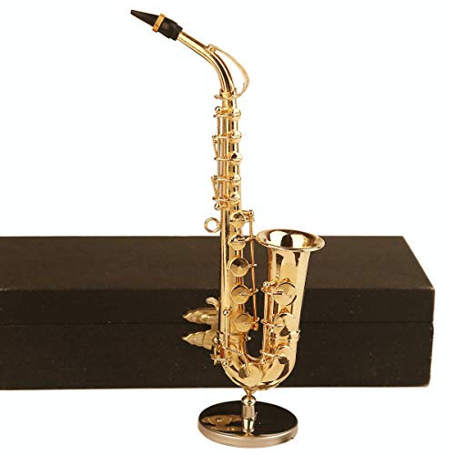 Dselvgvu Miniatur-Saxophon aus Kupfer mit Ständer und Koffer, Mini-Musikinstrument, Miniatur-Puppenhausmodell, Mini-Altsaxophon, Tenorsaxophon, Heimdekorationen (Altsaxophon, 15,8 x 7,8 x 2,8 cm).