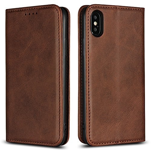 Copmob Case for iPhone X/XS, Flip Wallet Leather Case [3 Slots] [Magnetic Closure] Flip Cover Case for iPhone X/XS – Dark Brown