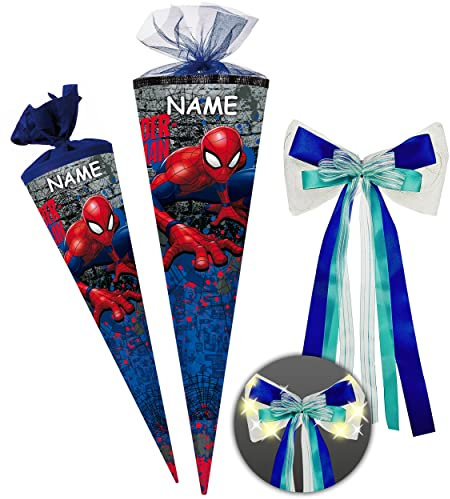 Schultüte - Spyderman - 70 cm - rund - incl. Name und große LED LICHT - Schleife - Filzabschluß - Zuckertüte - mit/ohne Kunststoff Spitze - Nestler - Schult..