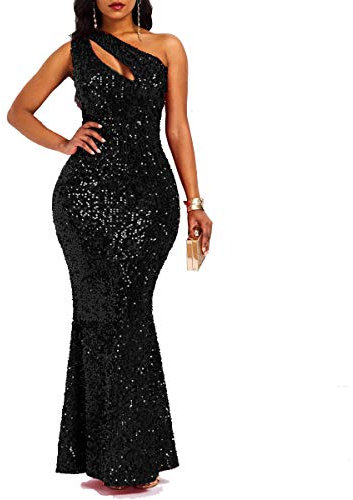 VERWIN Sequins Fashion Sleeveless Oblique Collar Mermaid Women's Maxi Dress Bodycon Dress Party Dress XL Black