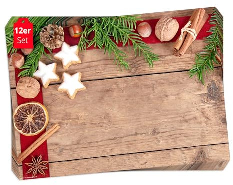 Tischsets I Platzsets Weihnachten Zimtsterne Allerlei - 12 Stück 44 x 32 cm in Aufbewahrungsmappe - Die besondere Tischdekoration für Weihnachten, Advent oder Weihnachtsfeier