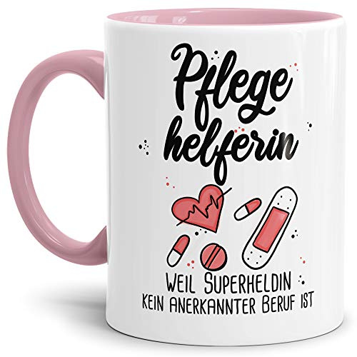 Berufe-Tasse Superheldin Pflegehelferin - Kaffee-Tasse mit Spruch/Arbeit/Job/Lustig/Geschenk-Idee - Innen & Henkel Rosa