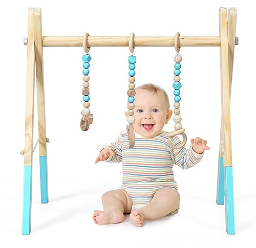 DREAMADE Spieltrapez aus Holz, Motorikspielzeug für Babys, Spielbogen mit 3 Spielzeugringe & 2 Kleinen Tiermodellen, Aktivitätszentrum mit Dreieckigen Struktur, für Kinderzimmer (Grün)
