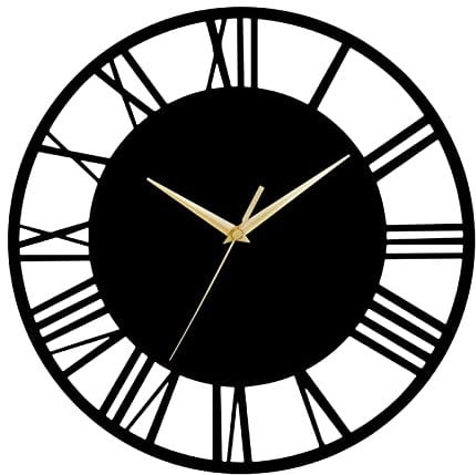 Warmiehomy Big Wall Clock 30cm Round Wall Clock Vintage Roman Numeral Silent Non-ticking Hanging Clock for Home Garden Office Restaurant Hotel Cafe Decoration, Black, Gold Pointer