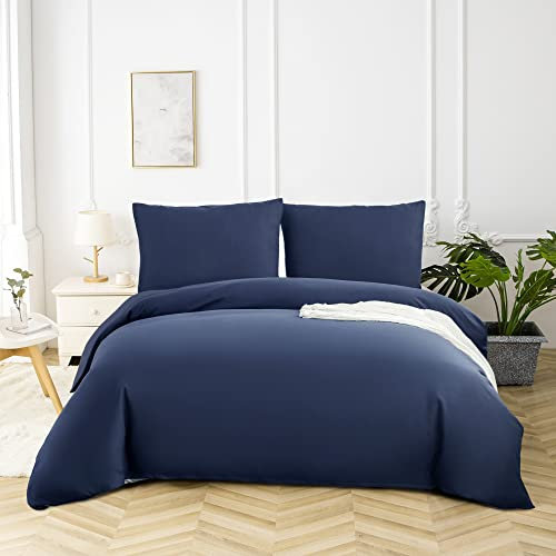 AYSW 16 Couleurs Sets de Housses de Couettes 140x200 cm Double Fermeture Éclair 2 Pièces Microfibre Brossée 100 Fils/cm² + 1 Taie d'oreiller 65x65 cm Marine Parure de Lit Adulte 1 Personne