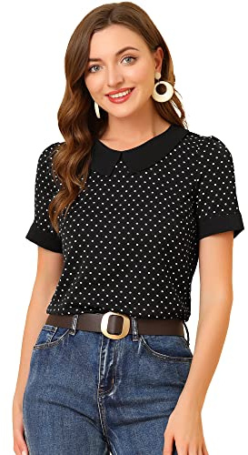 Allegra K Women's Peter Pan Collar Shirt Vintage 1950s Polka Dots Blouse X-Large Black