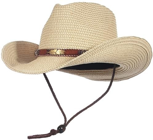 EOZY Straw Cowboy Hats for Men Womens Summer Cowgirl Hat Western Straw Sun Hat for Beach Outdoor Windproof Beige