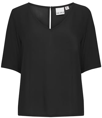 ICHI IHMARRAKECH Damen Bluse Shirt Blusenshirt V-Ausschnitt Halbarm Regular Fit, Größe:S, Farbe:Black (194008)