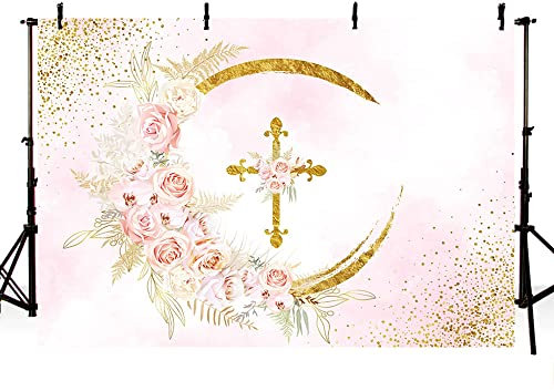 MEHOFOND Hintergrund für Erstkommunion, Taufe, Bohemian-Thema - Rosa Blume, Gott, Segen, Fotografie - Goldenes Kreuz und Punkte, Pastellfarben - Babyparty, Kuchen