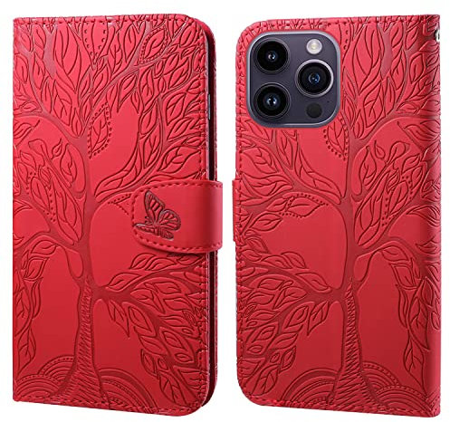 Aisenth Handyhülle für iPhone 14 Pro (6.1 inch), Baum Muster Leder Handytasche Brieftasche Klapphülle Etui Wallet Flip Case Schutz Hülle mit TPU innen Schale, Kartenfächer, Aufstellfunktion -Rot