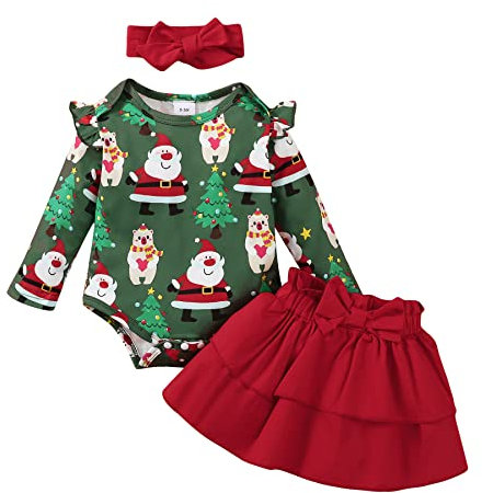 IMEKIS Kleinkind Neugeborenes Baby Mädchen Meine Erste Weihnachten Outfit Prinzessin Weihnachtsmann Rentier Kostüm Langarm Strampler Rock Stirnband 3tlg Weihnachtsfeier Kleidung Set